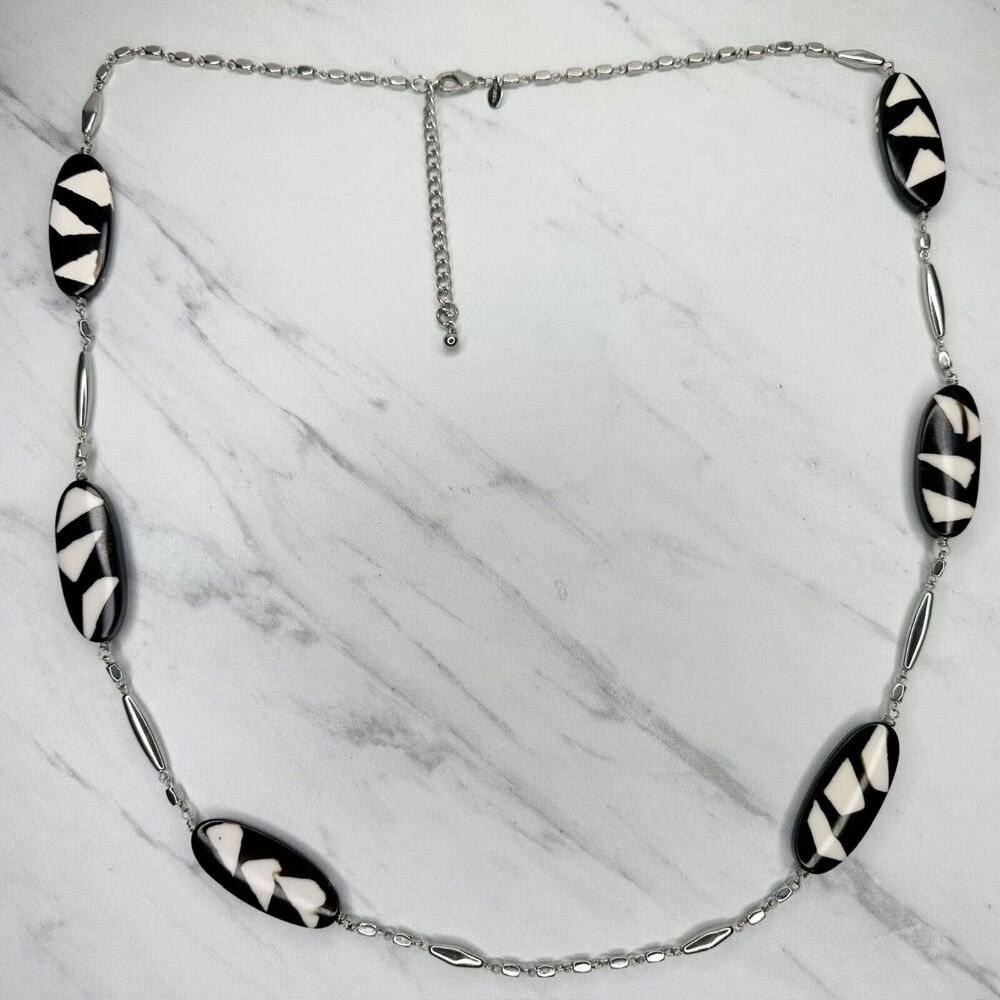 Chicos Black White Geometric Beaded Long Silver Chain Necklace 46" ✨